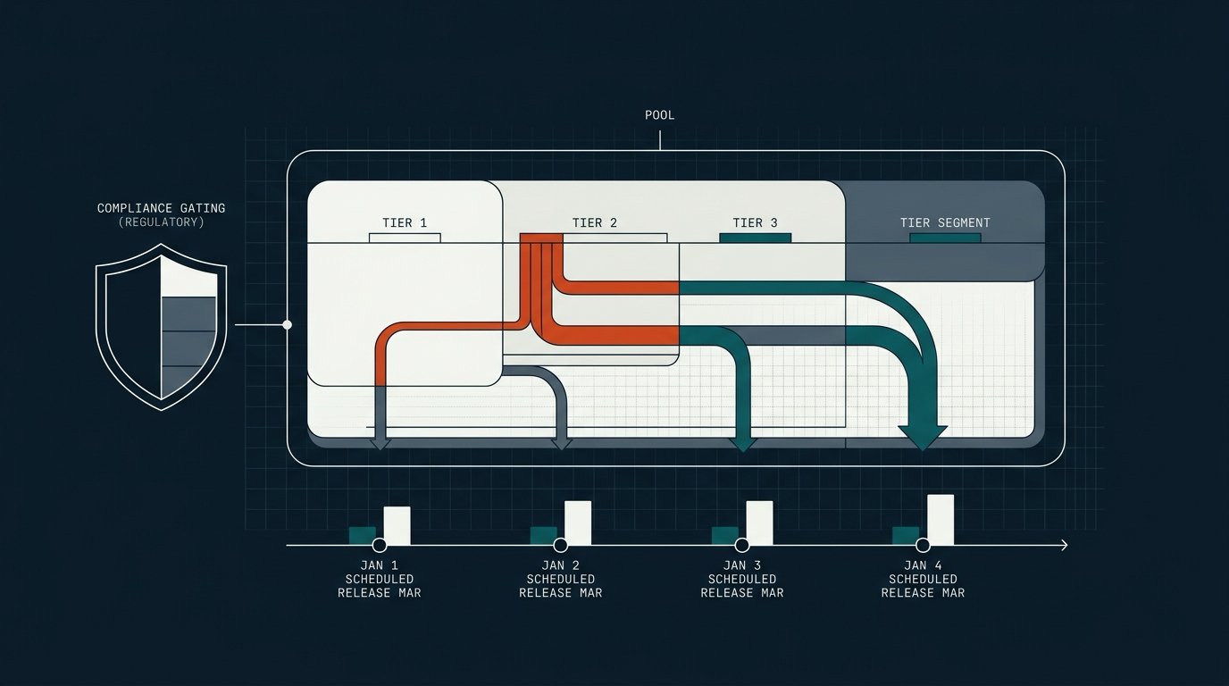 Return pool with a release schedule and compliance gate.
