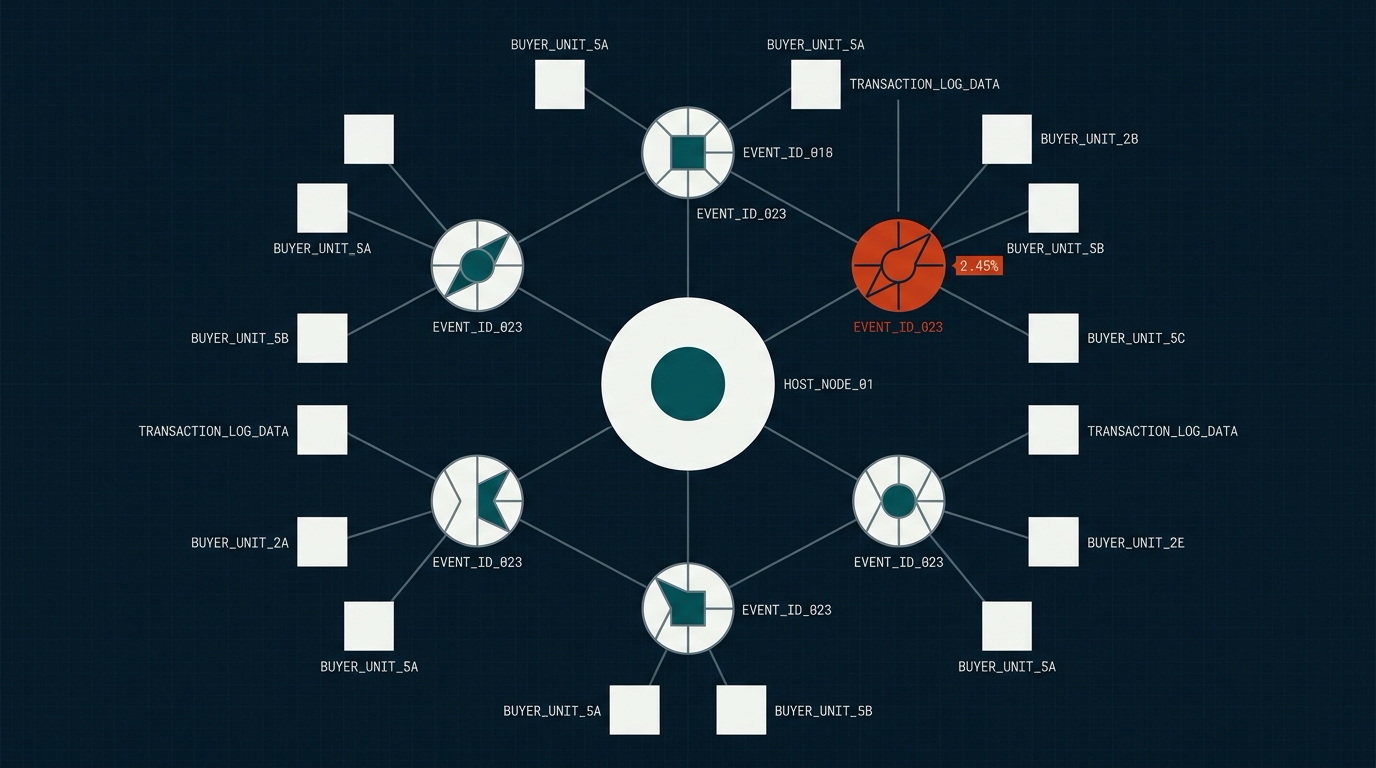 Party plan diagram with one host and six events, sample data.